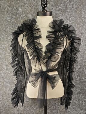 Julia by Love J Ruffled Tulle Tie Front Sheer Bolero Shrug, Black, Medium, NWOT